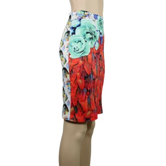 Clover Canyon Red Pencil Skirt Feather Floral Fitted Fall Small - Picture 2 of 4